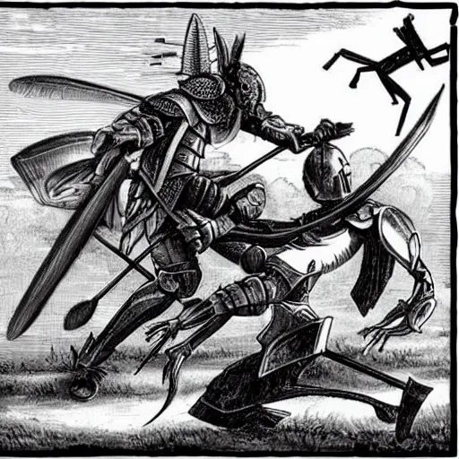 Image similar to knight fighting a giant mantis, epic battle