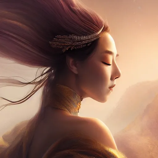 Prompt: beautiful elegant mongolian princess royalty portrait in a sensual pose, she is spreading her wings, face centered portrait, full face makeup, confident, fog, volumetric lighting, beautiful, golden hour, sharp focus, ultra detailed, conceptartworld by leesha hannigan, ross tran, thierry doizon, kai carpenter, ignacio fernandez rios