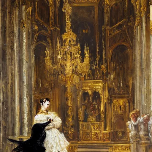 Prompt: a painting by Antonio Mancini of a raven wearing a rococo gold mask and a rococo wedding dress in a romantic cathedral