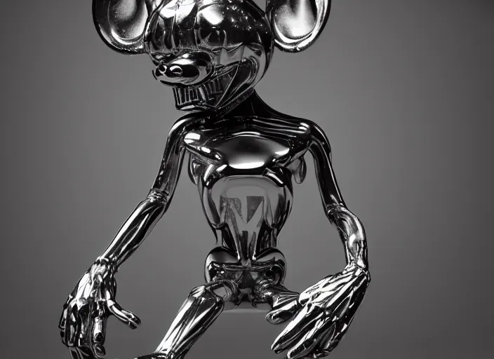 Image similar to stylized shiny polished silver statue full body extra limbs bizarre cosmic horror demonic demon made of marble of disney character mickey mouse, perfect symmetrical body, perfect symmetrical face, hyper realistic, hyper detailed, by johannen voss, by michelangelo, octane render, blender, 8 k, displayed in pure white studio room