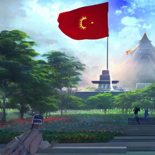 Image similar to rizal park with philippine flag futuristic, painting by makoto shinkai, featured on pixiv, deviantart hd