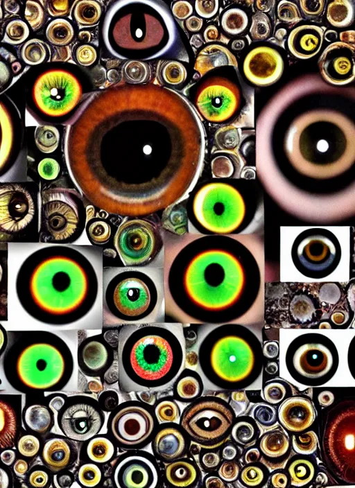 Image similar to human eyes!, black centered pupil, circle iris detailed structure, happy smiling human eyes, eyelashes, art styles mix, from wikipedia, eye relections, hd macro photographs, grid montage of shapes