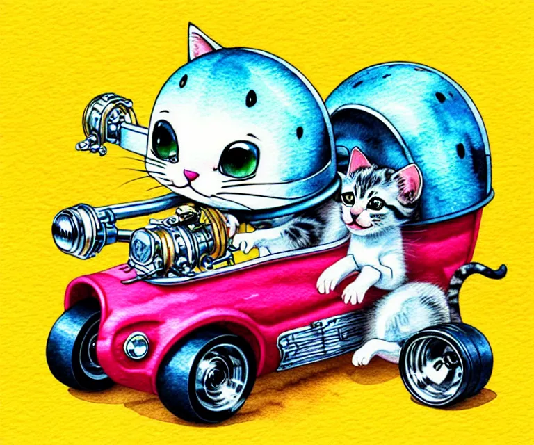 Image similar to cute and funny, kitten wearing a helmet riding in a tiny hot rod with an oversized engine, ratfink style by ed roth, centered award winning watercolor pen illustration, isometric illustration by chihiro iwasaki, edited by range murata, tiny details by artgerm and watercolor girl, symmetrically isometrically centered, sharply focused