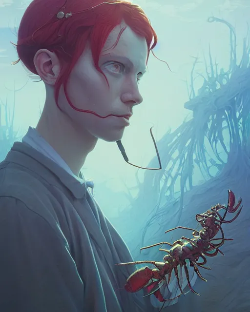 Image similar to highly detailed surreal vfx portrait of a lobsterpunk grim reaper, stephen bliss, unreal engine, greg rutkowski, loish, rhads, beeple, makoto shinkai and lois van baarle, ilya kuvshinov, rossdraws, tom bagshaw, alphonse mucha, global illumination, detailed and intricate environment