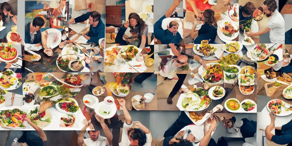 Image similar to painting of work colleagues of a design studio get together to feast on a big table with lots of food