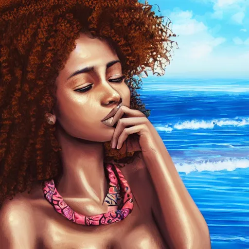 Prompt: a somali woman with curly hair, relaxing on the beach, contemplative, two cats on the beach, muted colours, beautiful, digital painting, illustration, high quality, detailed, dreamy