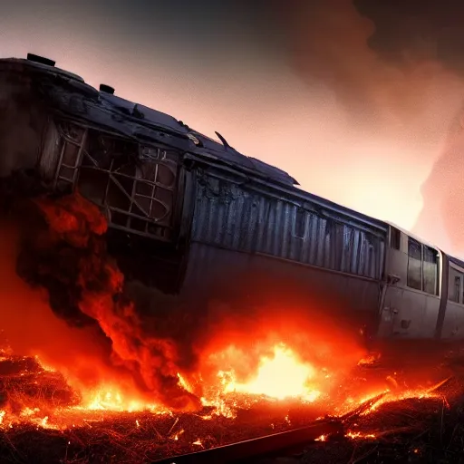 Image similar to a person at a trainwreck, devastation on the railroad, atmospheric smoke and fog, fire and flames, post-apocalyptic, Cinematic horror, high detail, 4k