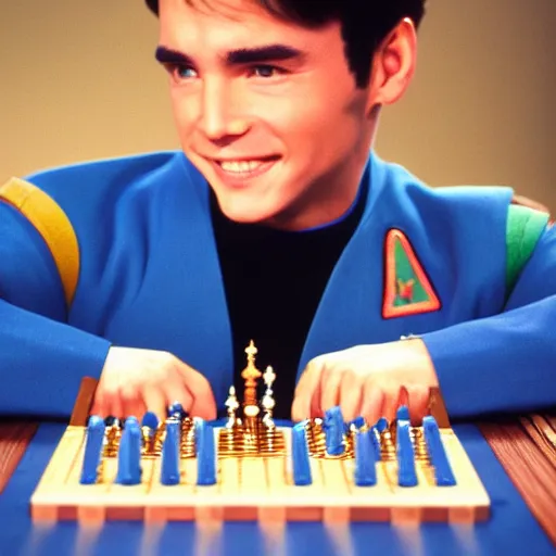 Prompt: acting ensign Wesley Crusher from the USS Enterprise playing 3d chess with a vulcan, wearing multi-colored slim suit, handsome face, set photo, candid, film grain, f2.4