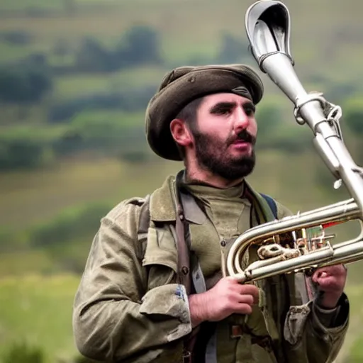 Prompt: A gypsy paratrooper with rifle blowing his trumpet