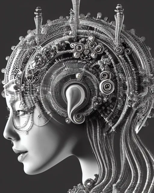 Prompt: mythical black and white organic bio-mechanical spinal ribbed profile face portrait detail of silver mechanical beautiful female angelic-queen-vegetal-cyborg, highly detailed, intricate steampunk flower and diamonds and gemstones ornate, poetic, 3D render, digital art, octane render, 8K artistic photography, photo-realistic, by Dora Maar