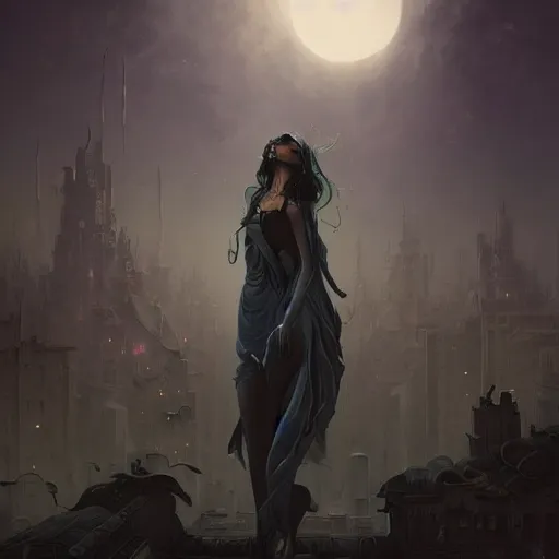 Image similar to a detailed illustration of a weeping woman against the background of a ravaged city and a dark moonlit sky, artstation, by Peter Mohrbacher, Art Nouveau, sophisticated, Unreal engine, dystopia, anti-utopia, post processing, nostalgic melancholic artwork, intricate