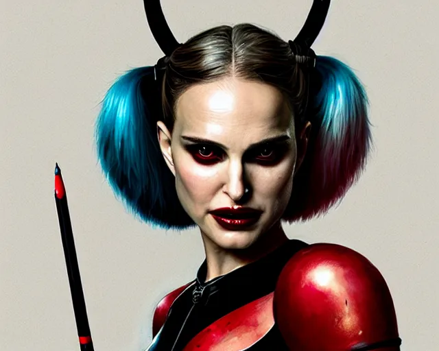 Image similar to highly detailed portrait of natalie portman as harley quinn, in batman : arkham knight, stephen bliss, unreal engine, fantasy art by greg rutkowski, loish, rhads, ferdinand knab, makoto shinkai and lois van baarle, ilya kuvshinov, rossdraws, tom bagshaw, global illumination, radiant light, detailed and intricate environment