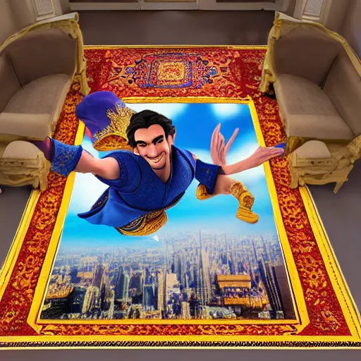 Image similar to hyper realistic aladdin flying into the twin towers on his carpet, award winning,