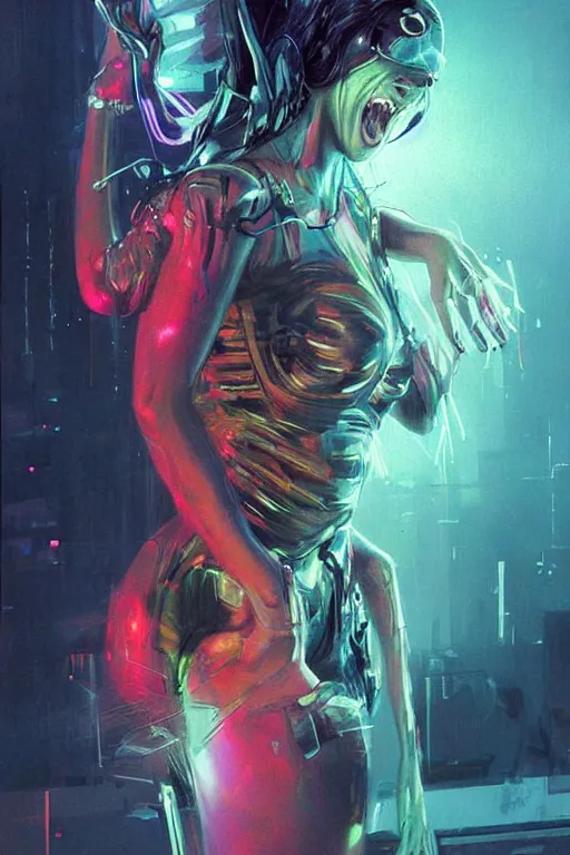 Prompt: portrait, headshot, digital painting, an beautiful techno - witch lady in circuit electronic mask, screaming in rage, pearlescent, synthwave, glitch, fracture,, realistic, hyperdetailed, chiaroscuro, concept art, art by john berkey