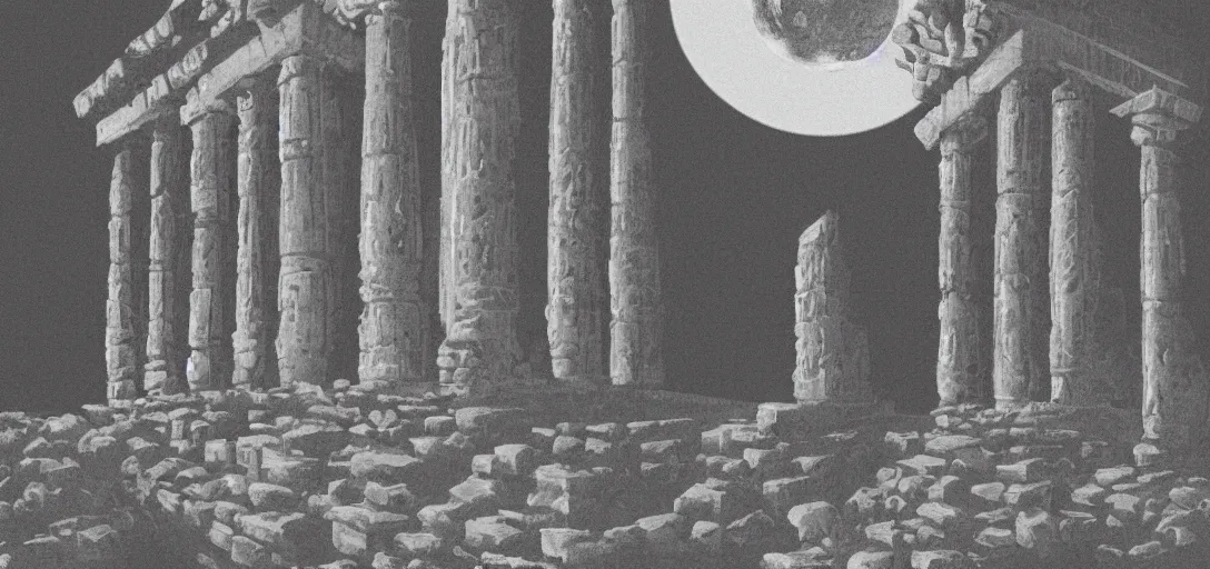 Image similar to The ruins of the Silver Millennium on the moon from Sailor Moon, digital painting, Earth in the distance, Greek-esque columns and ruins, grey sand