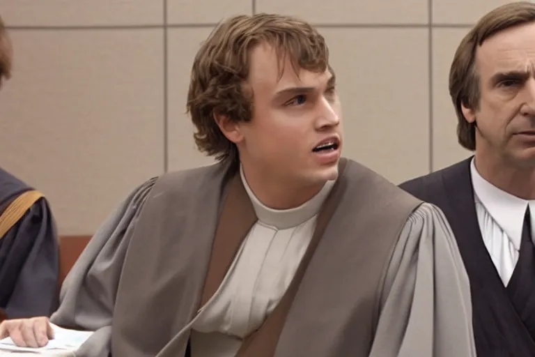 Prompt: anakin skywalker is defended in us court by saul goodman, 1 0 8 0 p, court session images, realistic faces