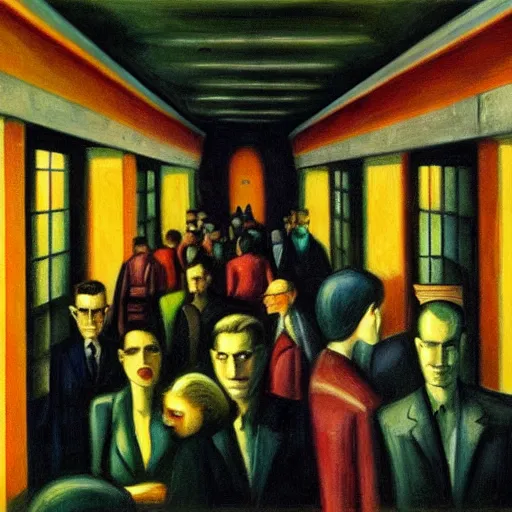 Prompt: crowded subway station interior, art deco, brutalism, dystopian, pj crook, edward hopper, oil on canvas