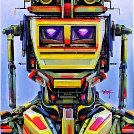 Prompt: portrait of a colourful tribal mecha robot, symmetrical, painting by drew struzan,