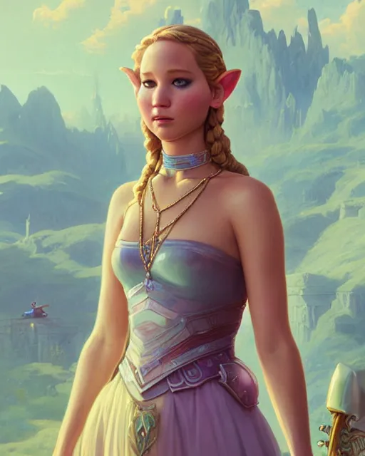 Image similar to highly detailed surreal vfx portrait of jennifer lawrence as princess zelda, stephen bliss, unreal engine, greg rutkowski, loish, rhads, beeple, makoto shinkai and lois van baarle, ilya kuvshinov, rossdraws, tom bagshaw, alphonse mucha, global illumination, detailed and intricate environment