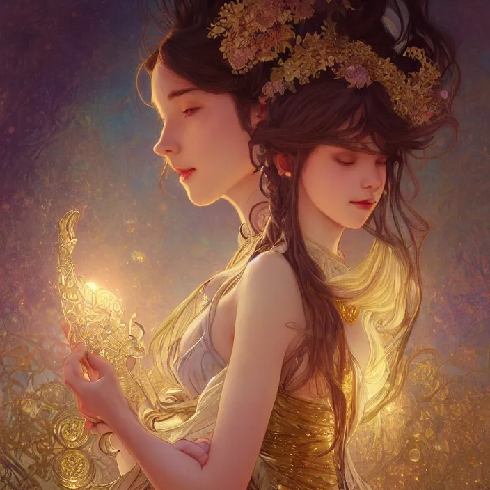 Prompt: iu fantasy novel cover, close up, highly detailed, gold filigree, romantic storybook fantasy, soft cinematic lighting, award, disney concept art watercolor illustration by mandy jurgens and alphonse mucha and alena aenami, pastel color palette, featured on artstation