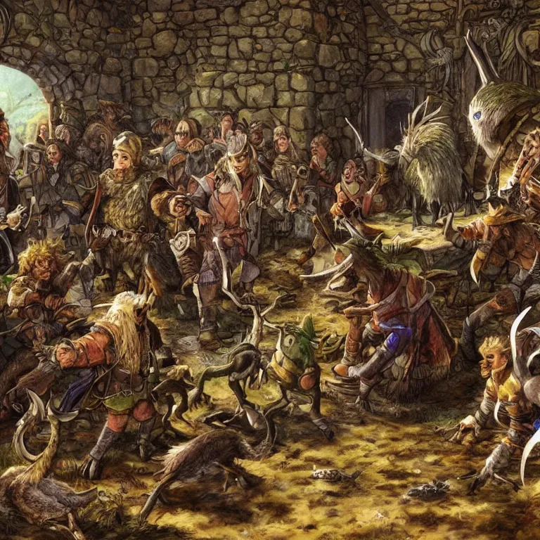 Image similar to a single emu surrounded by halflings in awe in a tavern, fantasy rpg book illustration