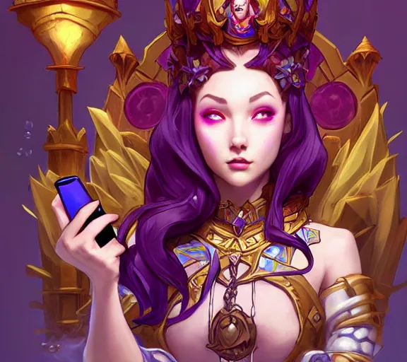 Image similar to bored queen checking her cell phone phone, fantasy, whimsical, dungeons and dragons, league of legends splash art, heroes of the storm splash art, hearthstone splash art, world of warcraft splash art, overwatch splash art, art by artgerm, art by alphonse mucha, intricately detailed, highly detailed, trending on artstation, 4 k, wallpaper