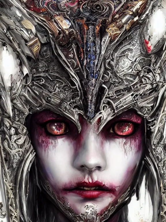 Image similar to portrait art of 8k ultra realistic undead vampire queen, ornate intricate smashed galaxy helmet , detailed intricate ornate armour,blade runner, cybernetic, full of colour, cinematic lighting, battered, trending on artstation, 4k, hyperrealistic, focused, extreme details,unreal engine 5, cinematic, masterpiece, art by ayami kojima, giger