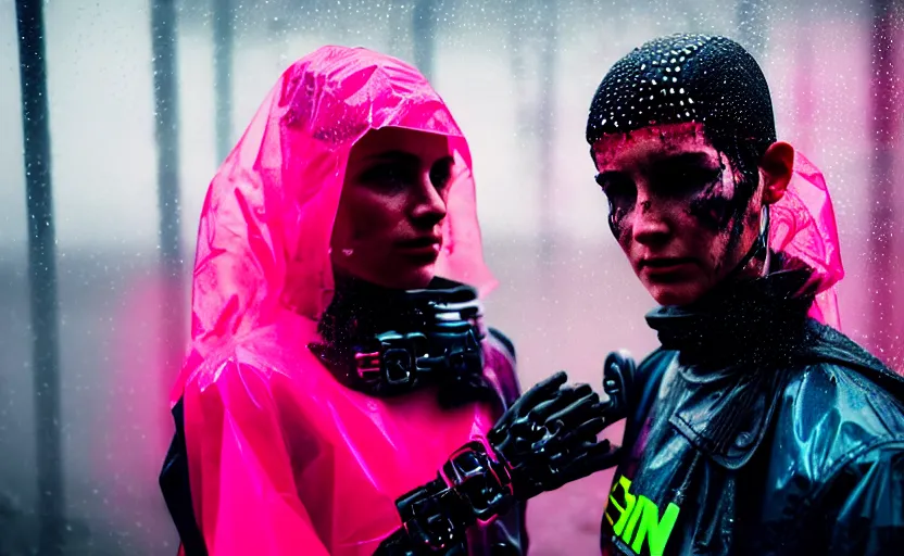 Image similar to cinestill 5 0 d candid photographic portrait by helen levitt of two cyborgs wearing rugged neon pink mesh techwear in treacherous waters, extreme closeup, modern cyberpunk moody depressing cinematic, pouring rain, 8 k, hd, high resolution, 3 5 mm, f / 3 2, ultra realistic faces, ex machina