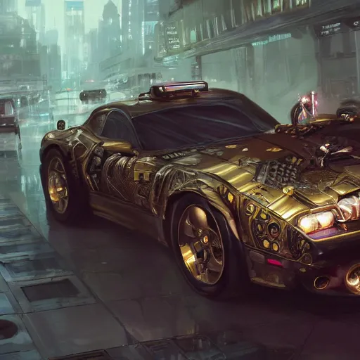 Image similar to full view of a car, intricate, elegant, highly detailed, digital painting, concept art, smooth, sharp focus, art style from Wang Ke and Greg Rutkowski and Bruce Kaiser and Scott Robertson and Dmitry Mazurkevich and Doruk Erdem and Jon Sibal, small style cue from Blade Runner and Total Recall and Cyberpunk 2077