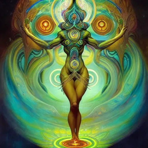 Image similar to psychedelic ayahuasca artwork of esao andrews frank peter mohrbacher, energy body, sacred geometry, esoteric art, divinity, detailed, magic the gathering art