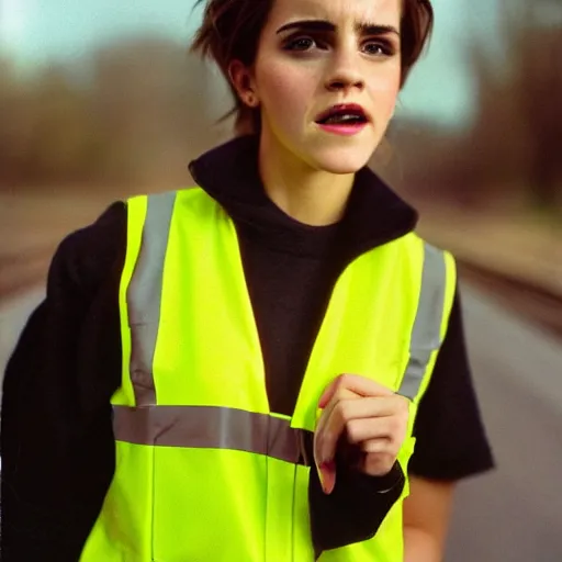 Prompt: photo, close up, emma watson in a hi vis vest, chewing tobacco, mouth full, portrait, kodak gold 2 0 0,