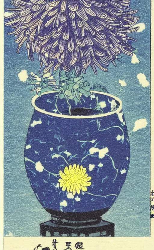 Prompt: by akio watanabe, manga art, a chrysanthemum flower inside a blue and very small sake cup, trading card front