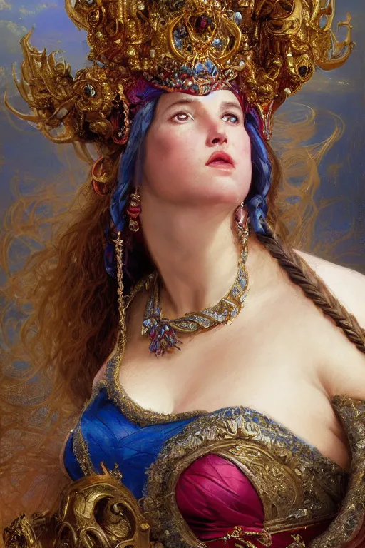 Prompt: baroque painting of a female dwarven queen with complex volumous braided hair, robust chubby body, red brocade and blue gemstones, magnificent attire, hyperdetailed, dungeons and dragons, radiant throne room, soft lighting, thomas kinkade, donato giancola, pino daeni