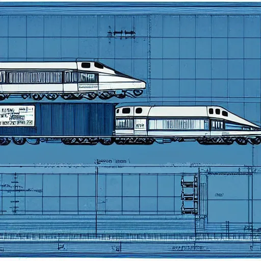 Image similar to blueprints for a nuclear powered train, high detail