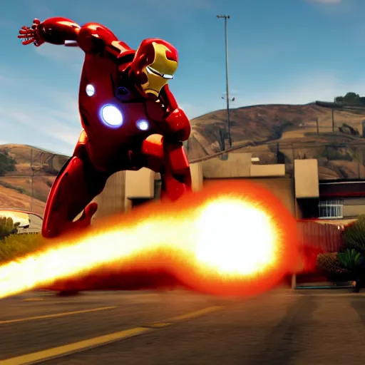 Prompt: iron man in gta v, nuclear explosion, epic battle, realism, mushroom cloud