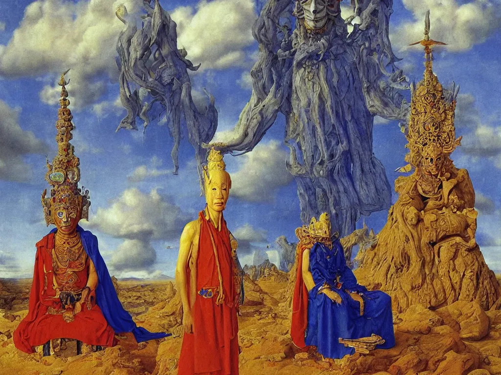 Prompt: Albino mystic with his back turned, looking in the distance at giant totemic archaic sculpture mask Tibetan temple made from Lapis Lazuli. Painting by Jan van Eyck, Audubon, Caspar David Friedrich, Rene Magritte, Agnes Pelton, Max Ernst, Walton Ford