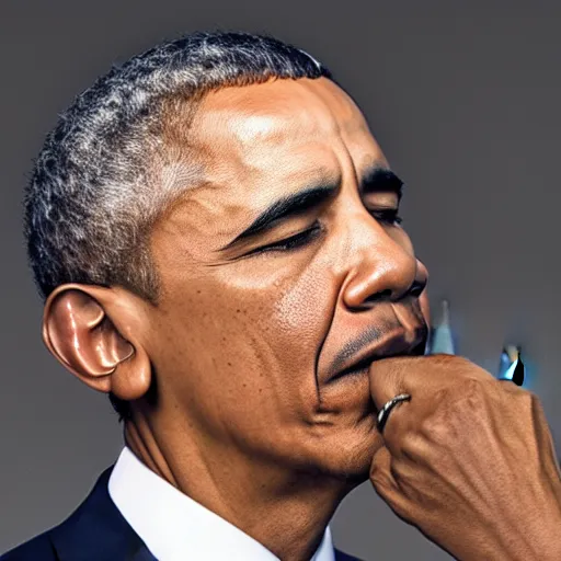 Prompt: barack obama exhaling a large smoke cloud, award winning professional portrait photography