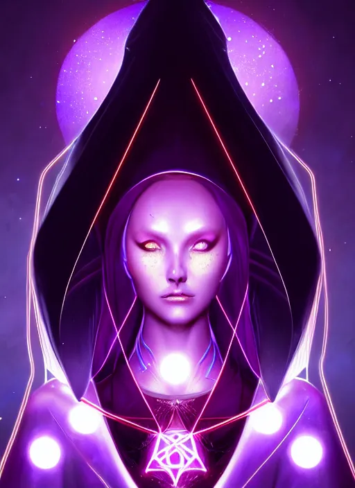 Prompt: portrait of an eldar, aeldari, lady voidstar, glowing diagram of a pentagram and a star, intricate, elegant, purple, glowing lights, highly detailed, digital painting, artstation, concept art, smooth, sharp focus, illustration, art by wlop, mars ravelo and greg rutkowski