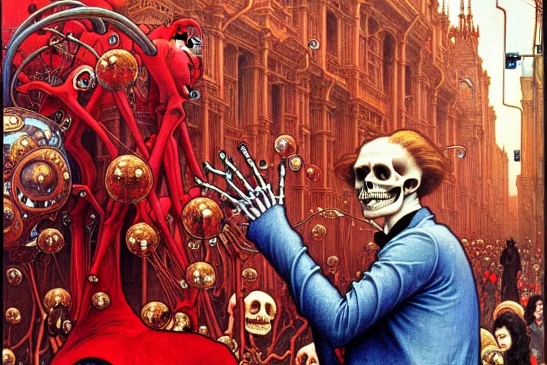 Image similar to realistic detailed closeup portrait painting of a single skeleton wearing red velvet blazer in a crowded futuristic moscow street by Jean Delville, Amano, Yves Tanguy, Alphonse Mucha, Ernst Haeckel, Edward Robert Hughes, Roger Dean, rich moody colours, blue eyes