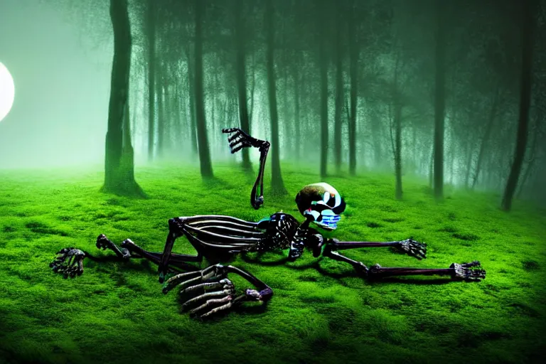 Image similar to a burning with fire human skeleton sitting behind computer, overgrown with moss, in foggy forest, at night with moon light, dark atmosphere, fantasy, digital art