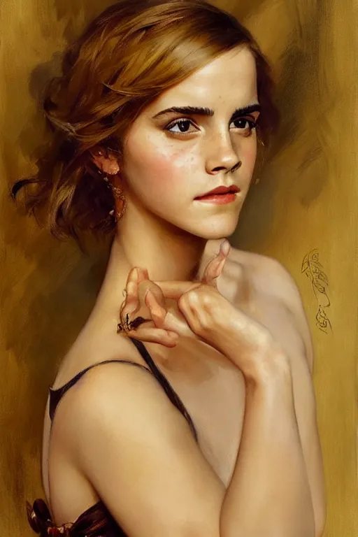 Prompt: emma watson detailed portrait painting by gaston bussiere craig mullins j. c. leyendecker richard avedon