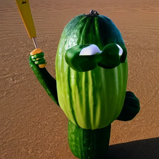 Prompt: cucumber humanoid, raising a golf club in the desert