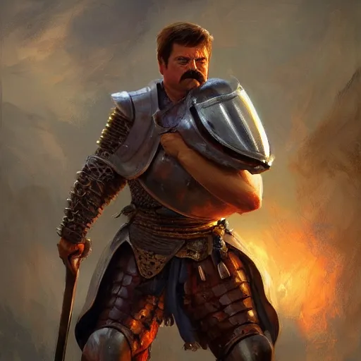 Image similar to ron swanson in medieval plate armor holding a greatsword standing on top of piles of slain enemy footsoldiers, epic fanart, volumetric lighting, oil painting, highly detailed, wide view, sharp focus, painting by daniel gerhartz, alphonse murac, detailed art, artstation