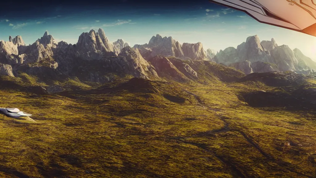 Prompt: Futuristic spaceship flying on supersonic speed above grassy valley with gorgeous mountain range in the background, view from above, cinematic, dramatic volumetric lighting, epic composition, 8K Ultra HD, high detail, Octane render