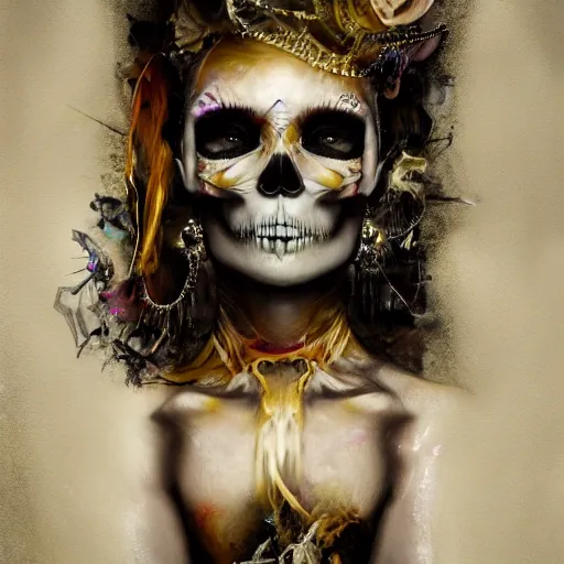 Image similar to full body pose, hyperrealistic mixed media painting of a beautiful skull woman, dim volumetric lighting, 8 k, octane beautifully detailed render, extremely hyper detailed, intricate, epic composition, cinematic lighting, masterpiece, trending on artstation, very very detailed, masterpiece, stunning, hdr, smooth, sharp focus, high resolution, award, winning photo, dslr, 5 0 mm