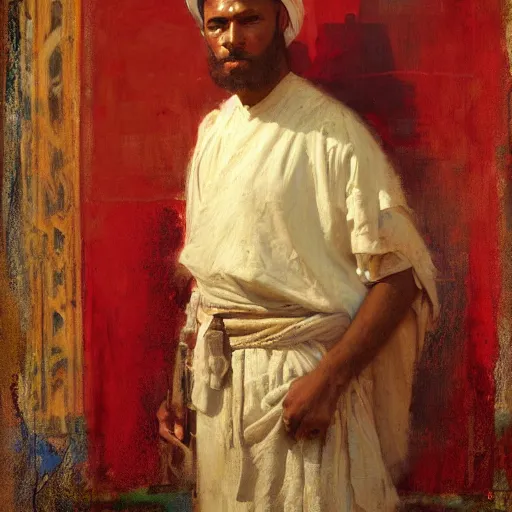 Image similar to Solomon Joseph Solomon and Richard Schmid and Jeremy Lipking Middle eastern genre painting portrait painting of a young handsome man in ancient Canaanite costume, red background