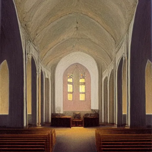 Image similar to large goat horns inside a church, snow falling, large glowing cross, painted by Quint Buchholz and Carl Gustav Carus