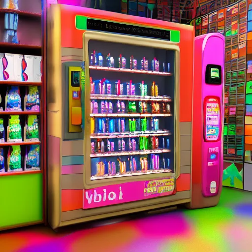 Prompt: cute vending machine stocked with whimsical and colorful fantasy potions, detailed, 8 k, octane render