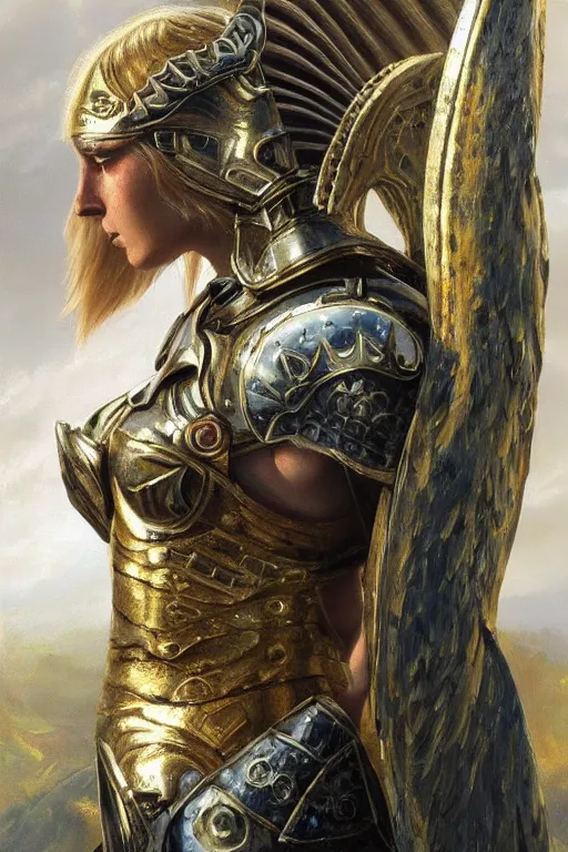 Prompt: a beautiful valkyrie , half body portrait, blond hair, gold chainmail armour, realistic oil painting by Thomas Cole and Wayne Barlowe and Boris Valejo