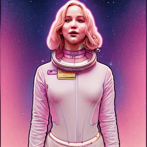 Image similar to Portrait of Jennifer Lawrence in pastel pink spacesuit by artgerm and greg rutkowski and alphonse mucha